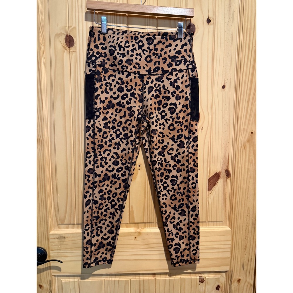 LegEnd Women Leopard Print High Waisted Leggings with Mesh Pockets Brown Large